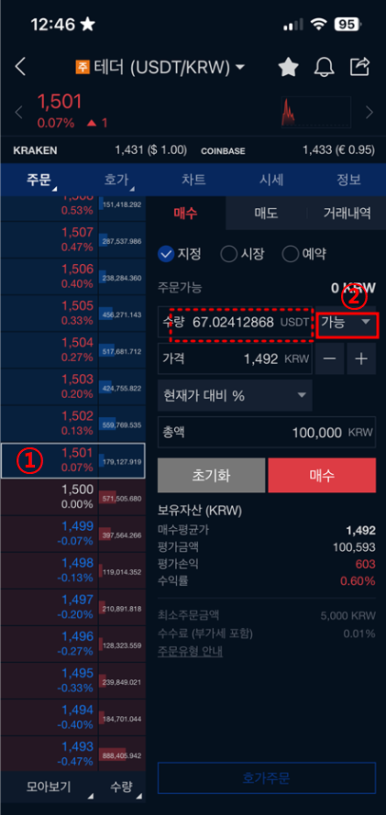 ▲ 테더(USDT/KRW) 매수 — 수량·금액 입력 후 매수