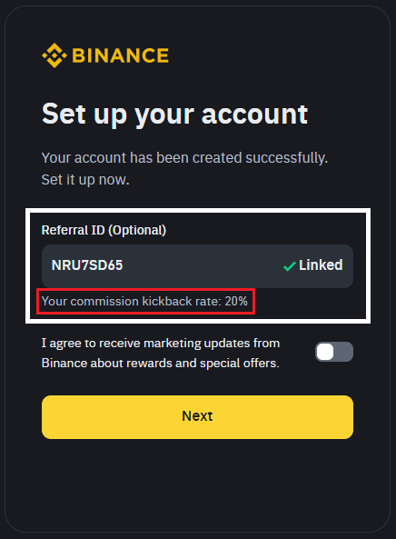 ▲ Referral ID에 NRU7SD65 적용 → 커미션 환급률 20% 확인